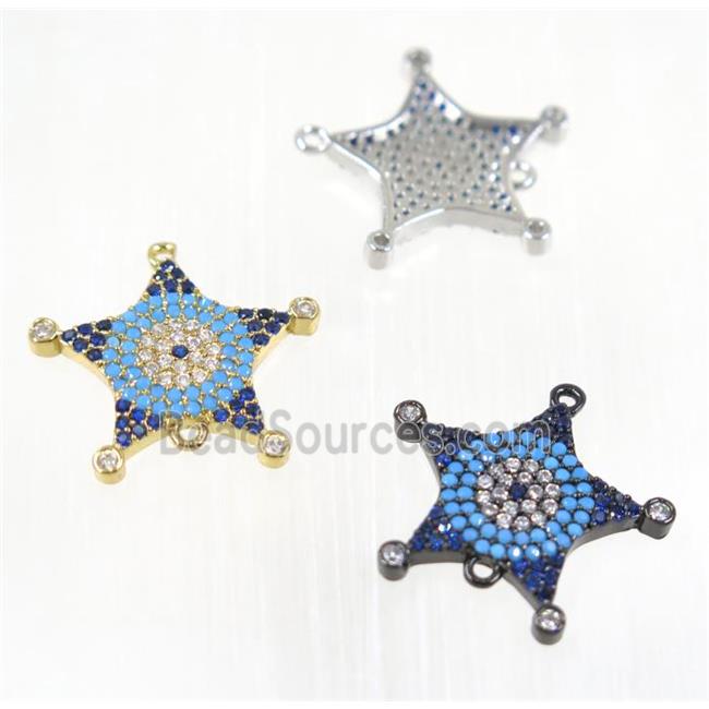 copper Star connector paved zircon, mix color, turq