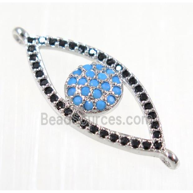 copper eye charm connector paved zircon, platinum plated, turq