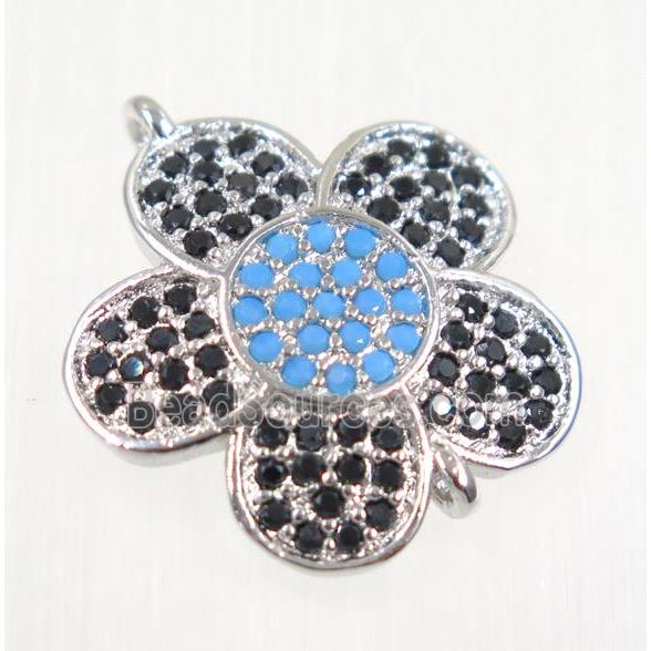 copper flower connector paved zircon, platinum plated