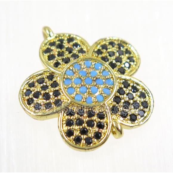 copper flower connector paved zircon, gold plated