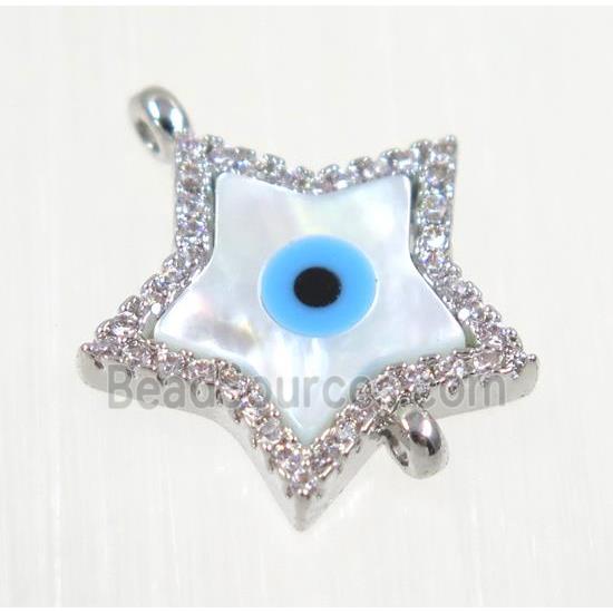 copper Star connector paved zircon with evil eye, platinum plated