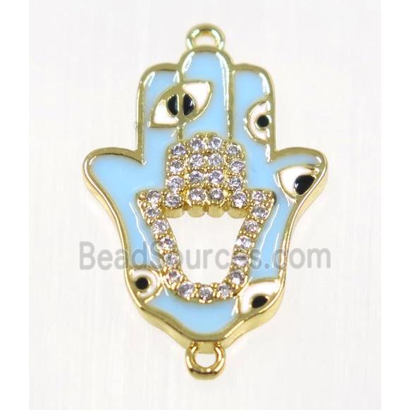 copper Hamsahand connector paved zircon with evil eye, gold plated