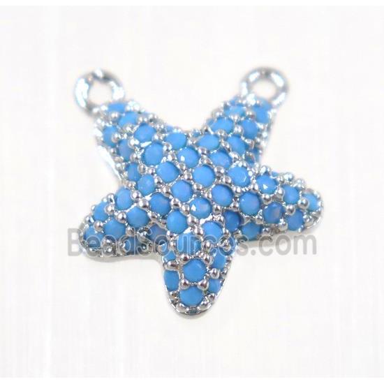 copper Starfish pendant paved zircon with 2loops, platinum plated, turq