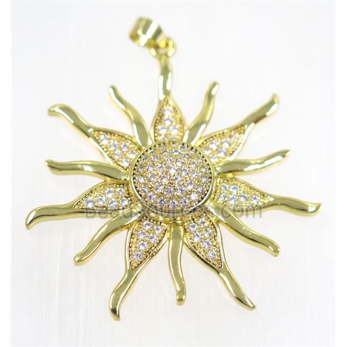copper SunFlower pendant paved zircon, gold plated