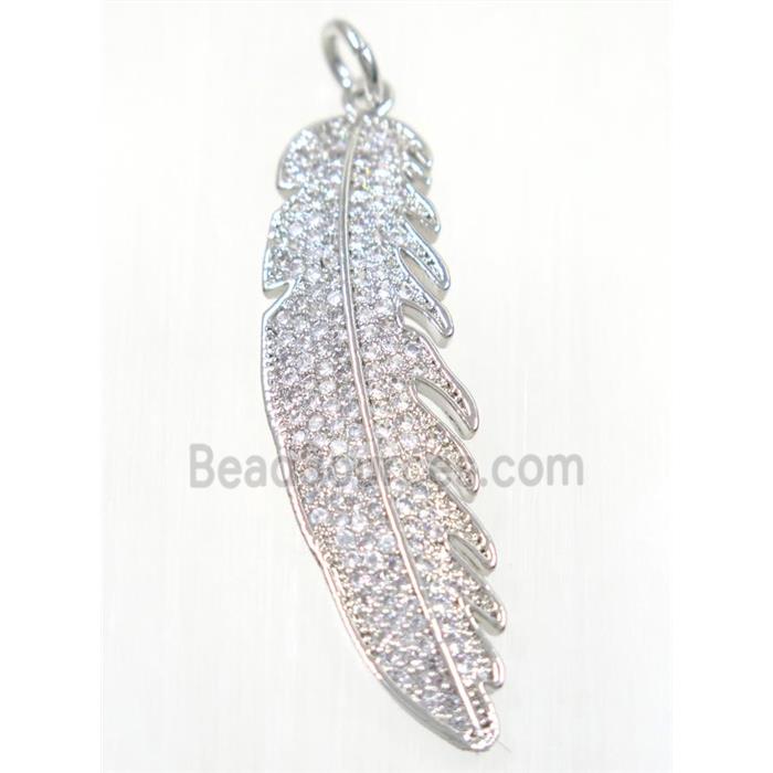 copper Feather pendant paved zircon, platinum plated