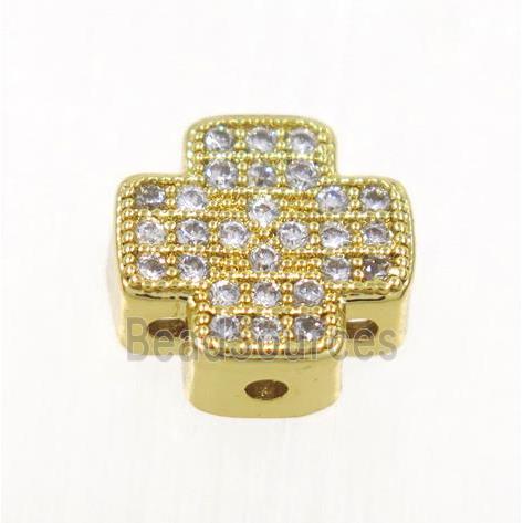 copper cross beads paved zircon, gold plated