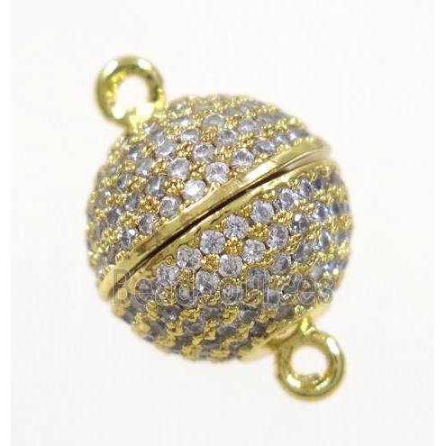 copper magnetic clasp pave zircon, round, gold plated