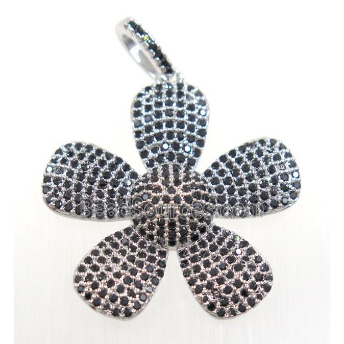 copper Flower pendant paved zircon, platinum plated