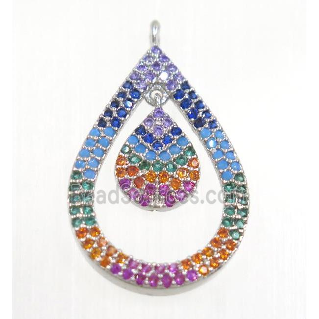 copper Teardrop pendant paved zircon, platinum plated