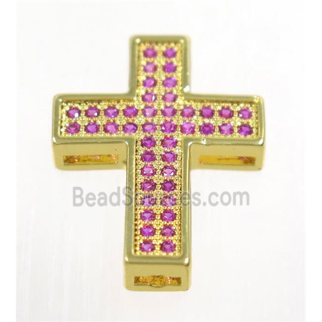 copper Cross beads paved hotpink zircon, gold plated