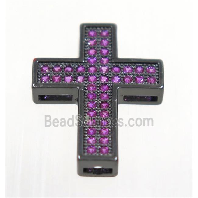 copper Cross beads paved hotpink zircon, black plated