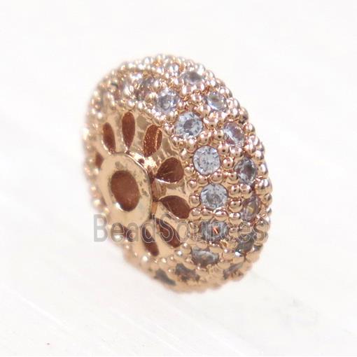 copper rondelle beads paved zircon, rose gold