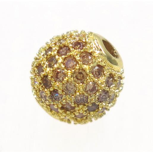 round copper beads paved zircon, gold plated