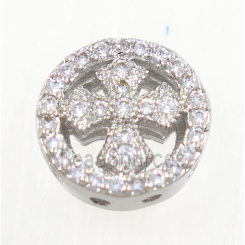 copper circle beads paved zircon with cross, platinum plated