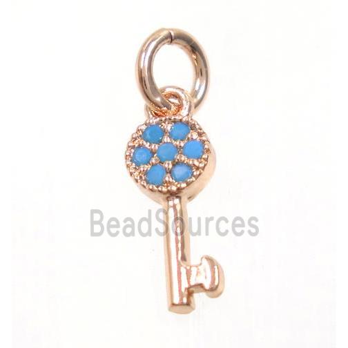 copper Key pendant paved zircon, rose gold, turq