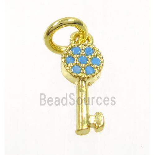 copper Key pendant paved zircon, gold plated, turq