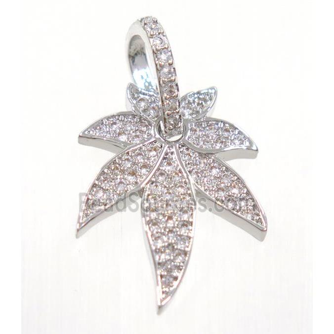 copper leaf pendant paved zircon, platinum plated