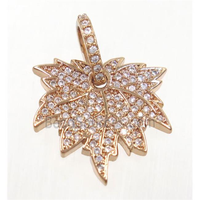 copper Maple Leaf pendant paved zircon, rose gold