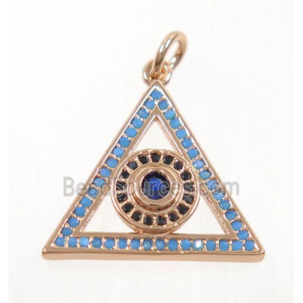 copper Triangle pendant paved zircon with evil eye, rose gold