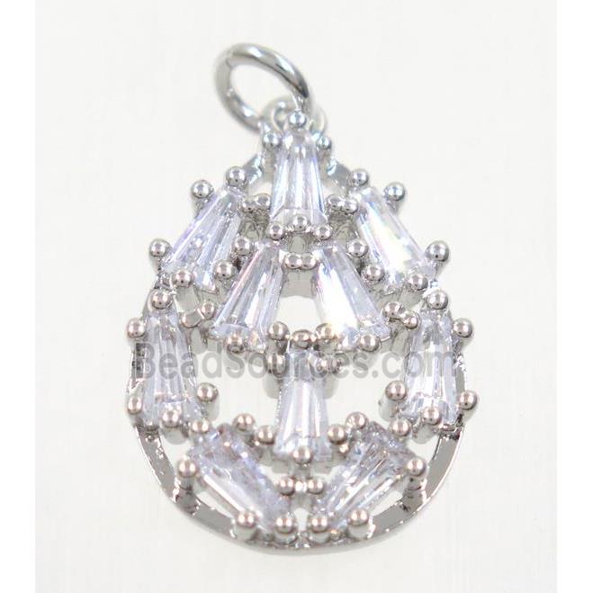 copper teardrop pendant paved zircon, platinum plated