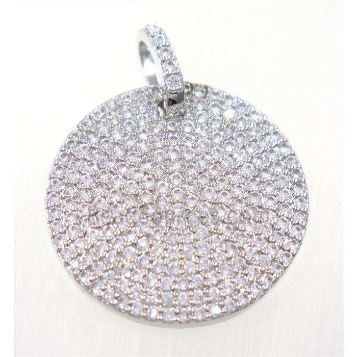 copper circle pendant paved zircon, platinum plated