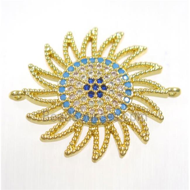 copper sunflower connector paved zircon, gold plated