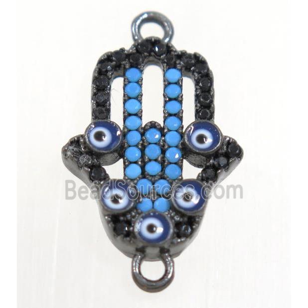 copper hamsahand connector paved zircon with evil eye, black plated