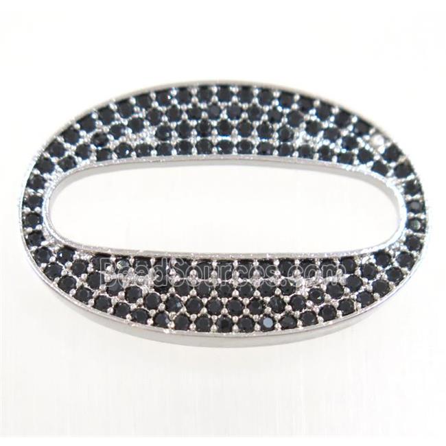 copper oval connector paved black zircon, platinum plated