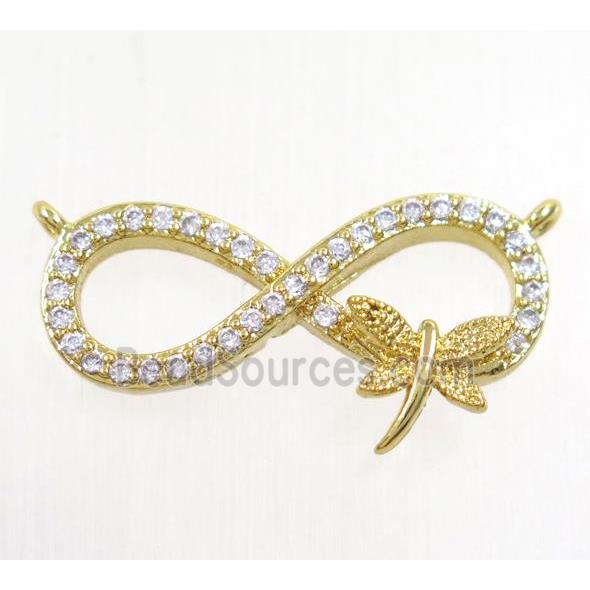 copper infinity pendant paved zircon with 2loops, dragonfly, gold plated
