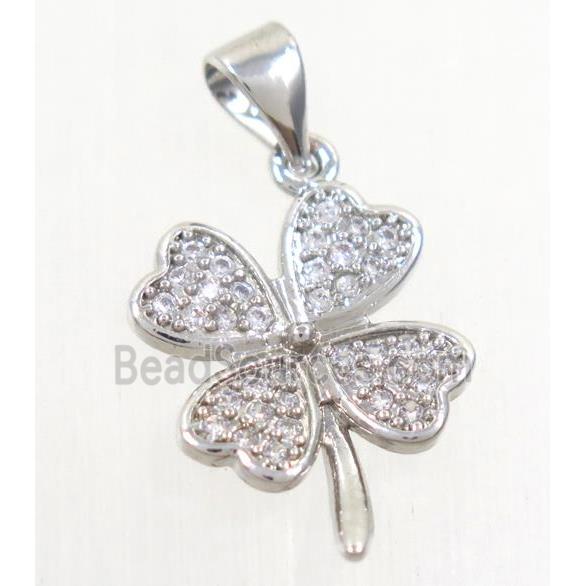 copper pendant paved zircon, four-leaf Clover, platinum plated