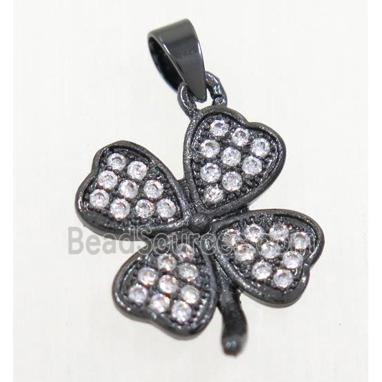 copper pendant paved zircon, four-leaf Clover, black plated