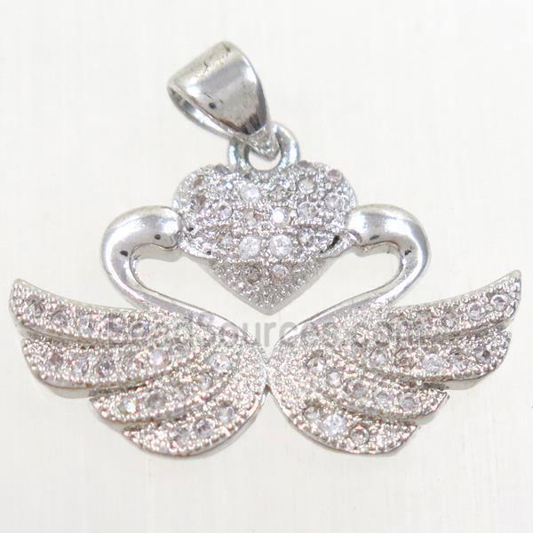 copper swan pendant paved zircon, platinum plated