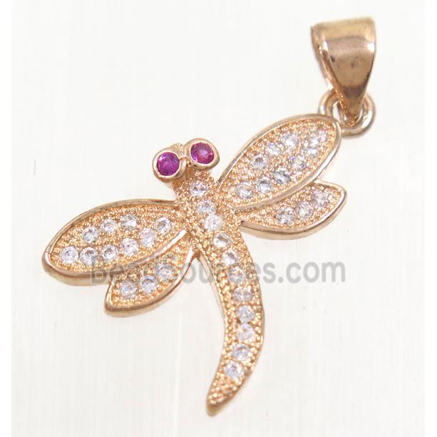 copper dragonfly pendant paved zircon, rose gold