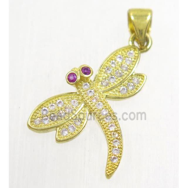 copper dragonfly pendant paved zircon, gold plated