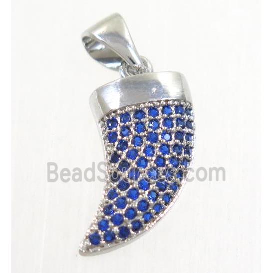 copper horn pendant paved blue zircon, platinum plated