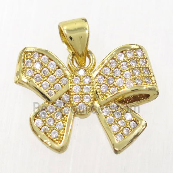 copper Bowknot pendant paved zircon, gold plated