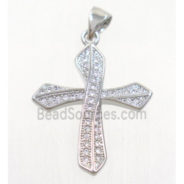 copper cross pendant paved zircon, platinum plated