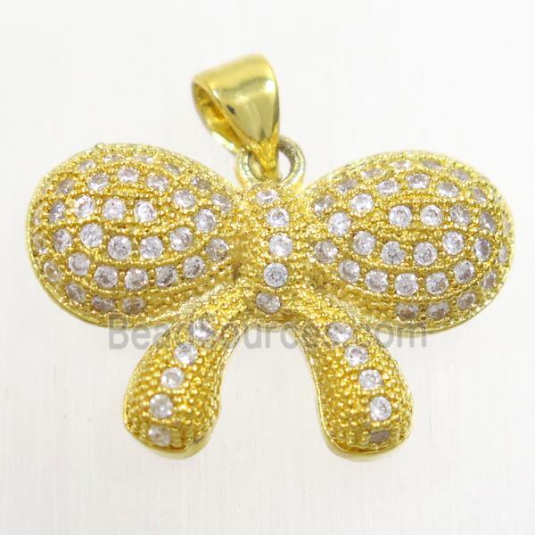 copper Bowknot pendant paved zircon, gold plated