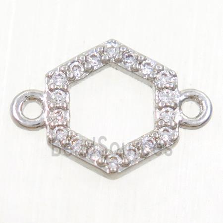 copper hexagon connector paved zircon, platinum plated