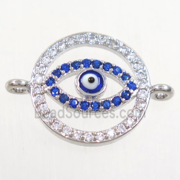 copper circle connector paved zircon with evil eye, platinum plated