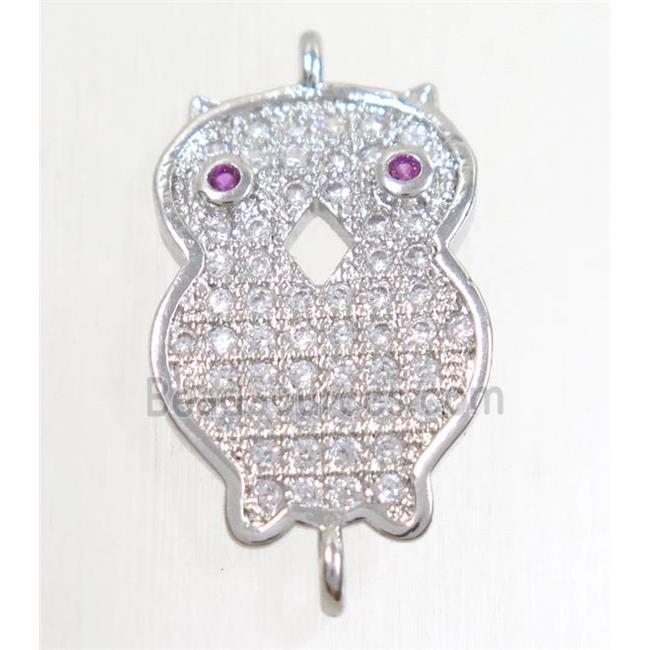 copper owl connector paved zircon, platinum plated