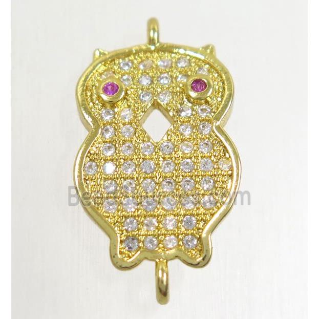 copper owl connector paved zircon, gold plated