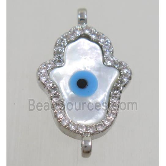 copper hamsahand connector paved zircon with shell evil eye, platinum plated