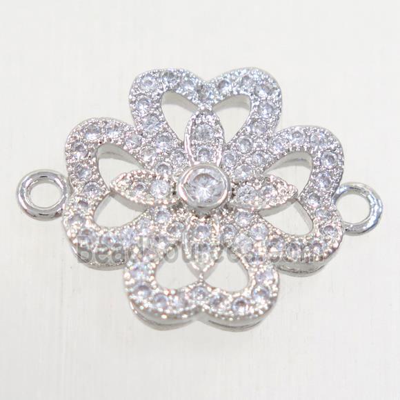 copper four-leaf clover connector paved zircon, platinum plated