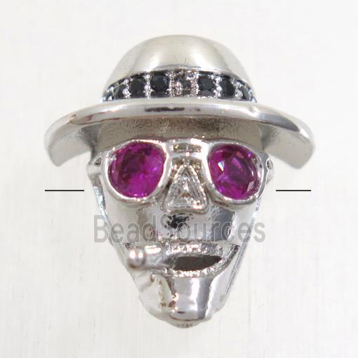 copper Skull beads paved zircon, platinum plated