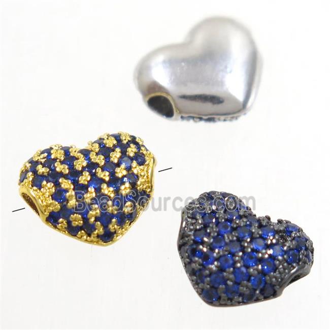 European style copper heart beads paved blue zircon, mix color