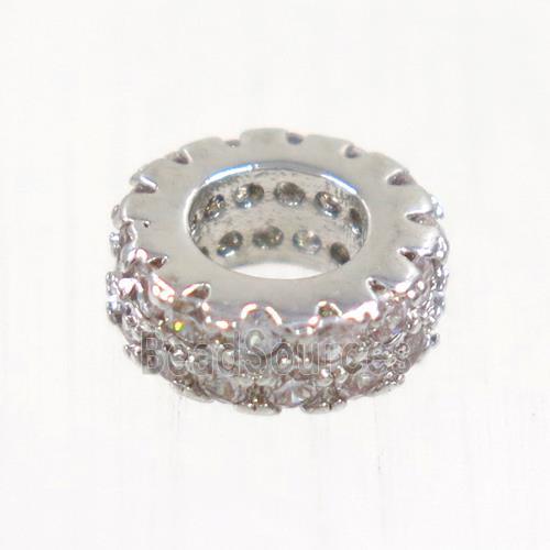 European style copper bead paved zircon, rondelle, platinum plated