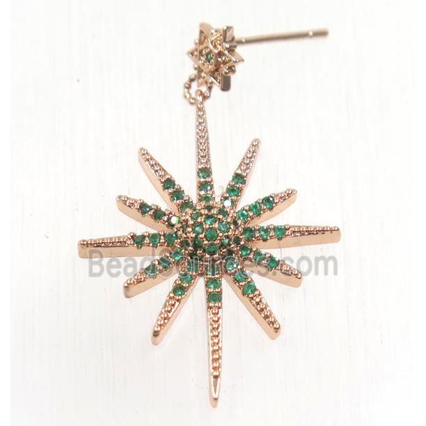 copper northstar earring studs paved green zircon, rose gold