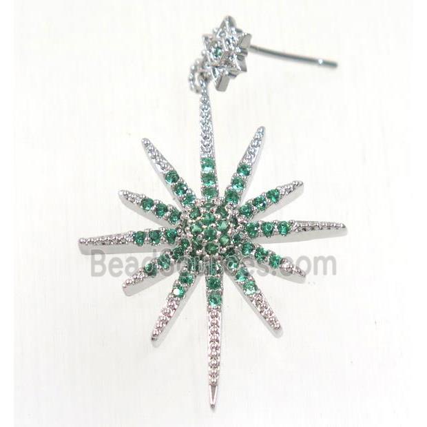 copper northstar earring studs paved green zircon, platinum plated