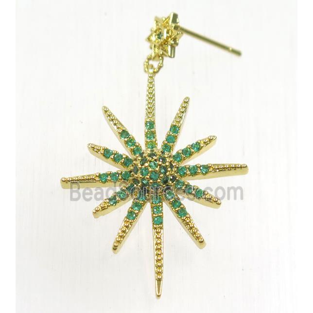 copper northstar earring studs paved green zircon, gold plated